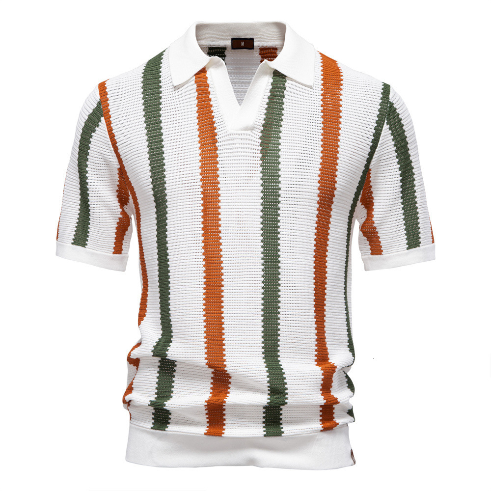Designer Hoodie 2025 Summer New Breathable Hollow Out Men's Short Sleeve Polo Sweater Striped European Size Knitted Designer Shirt Polo Shirt For Men