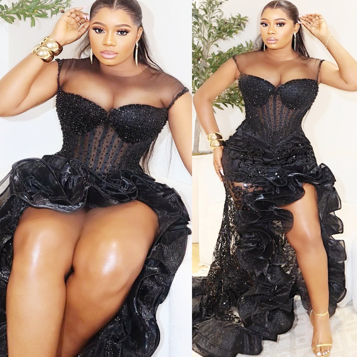 Black Mermaid Prom Dresses 2025 High Split Pearls Sheer Neck Sequined Evening Formal Party Second Birthday Engagement Gowns Plus Size Dress For Specia