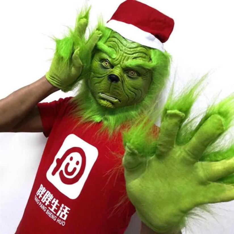 Santa Grinch Cosplay Mask Christmas Latex Masks Gloves Prop Halloween X08032132822242J