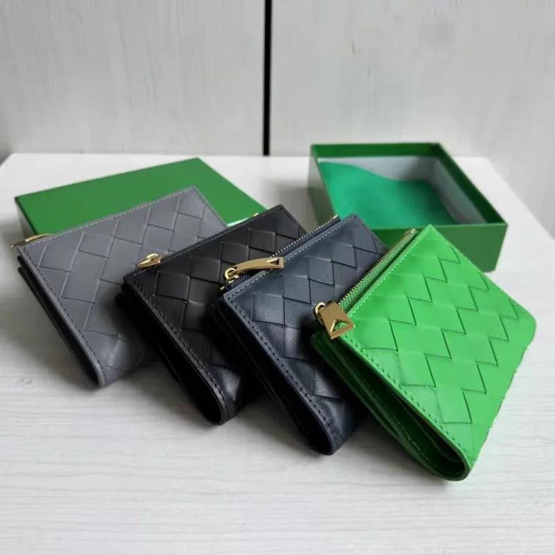 Cowhide Woven Wallet Designer Card Holder Womens Short Coin Purse Mid Grid Zipper Loose Wallets Multiple Card Slots Folded Short Clip Card Bag