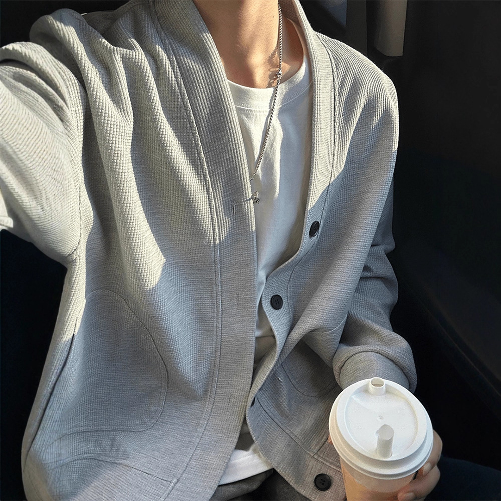 Light Gray Waffle Cardigan Sweatshirt For Designer Hoodie Men Autumn Lazy Designer Shirt Loose Feel Top Cleanfit College Style Jacket
