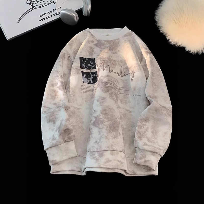 American Tie-dye Crewneck Pullover Sweatshirt For Men Autumn And Winter New Trendy Designer Hoodie Loose Designer Shirt Long Sleeve T-shirt With Fleece Casual Top
