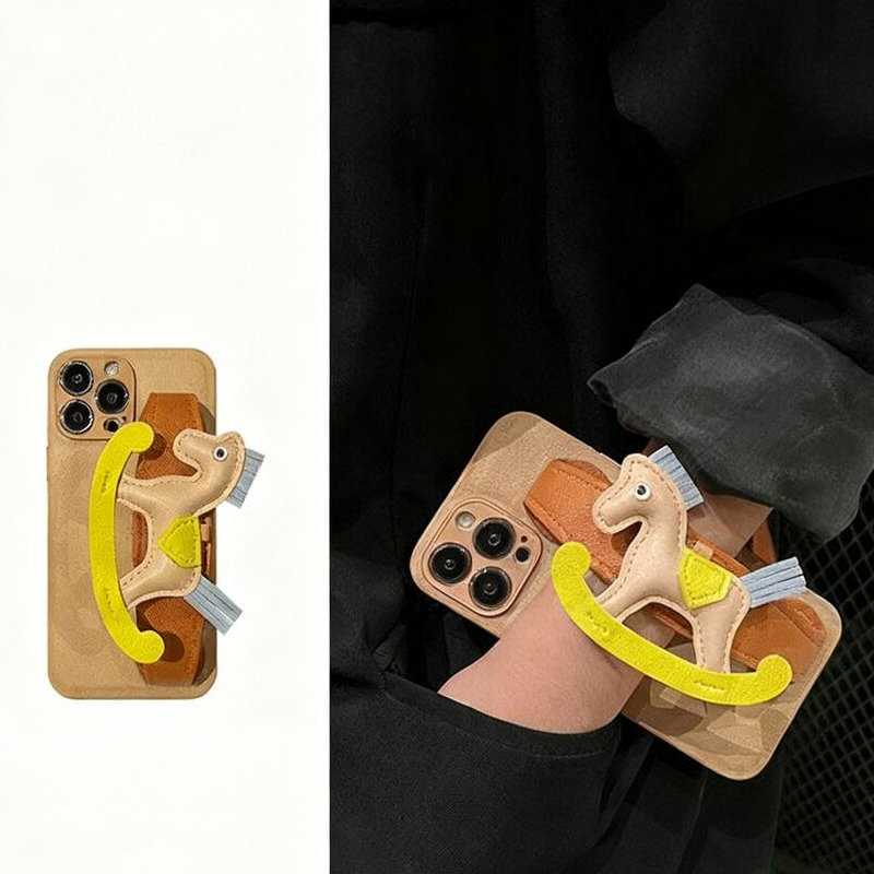 High-end Leather Little Wooden Horse Wrist Strap Case for iPhone17 Pro Max with leather rope,for iPhone 16 Pro Max Case Design Soft Bumper Protective 