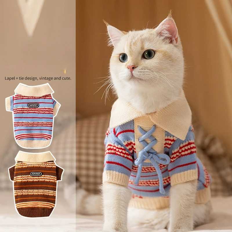 Autumn Winter Pet Sweater Vintage Lapel Colorful Striped Knitwear Warm Outdoor Clothes For Small Dogs Cats C251009