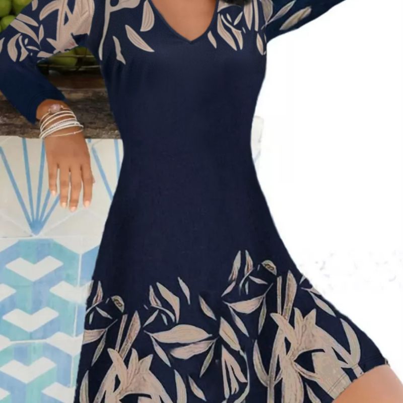 Women's Autumn Winter Plant Print Long Sleeve Dress - Elegant Commute V - Neck Milk Silk Dress-CF52792
