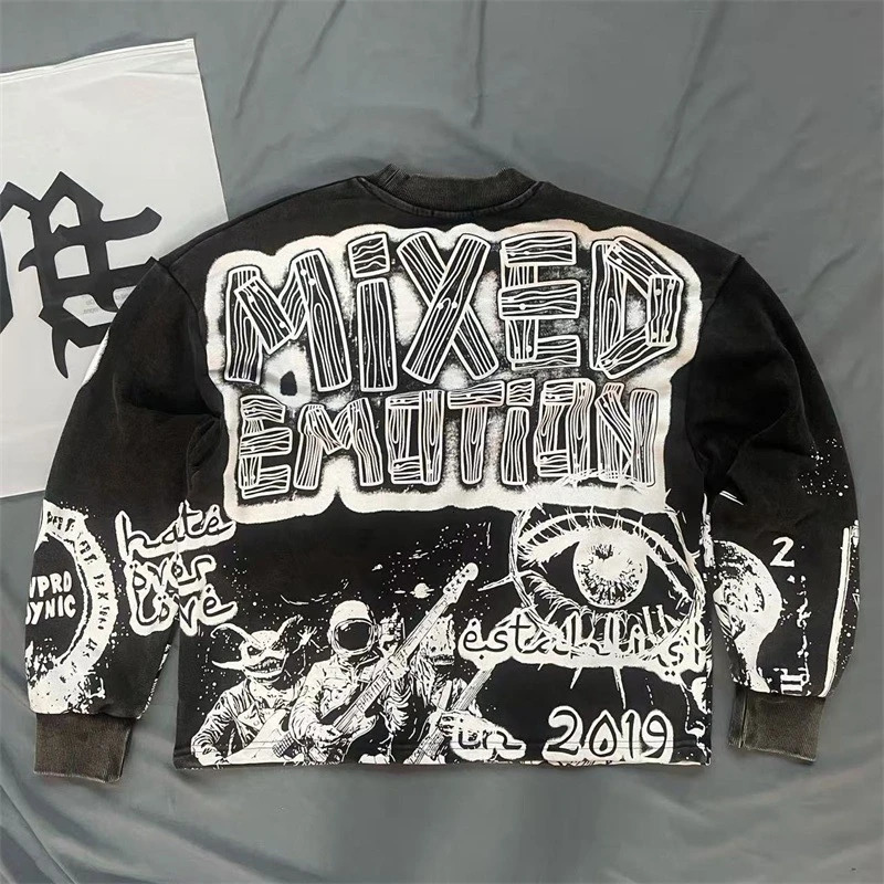 American Hip Hop MIXED EMOTION Black Hoodies Men Women Pure Cotton Drill Letter Printing Oversized Sweatshirt 251009