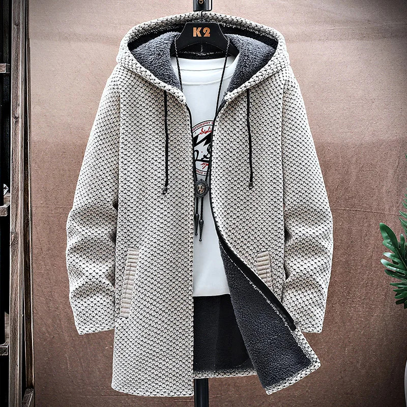 Mens Cardigan Cashmere Long Coat Sweaters with Hoods Autumn Winter Fleece Warm Solid SweaterCoat Windbreaker Men Clothing 2501008
