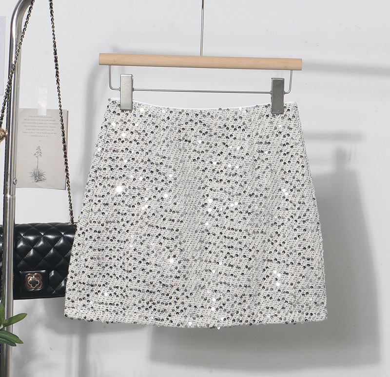 Sexy Sequined Skirt Female Spice Girl A Word Silver Shiny Anti-light Bodycon Skirt
