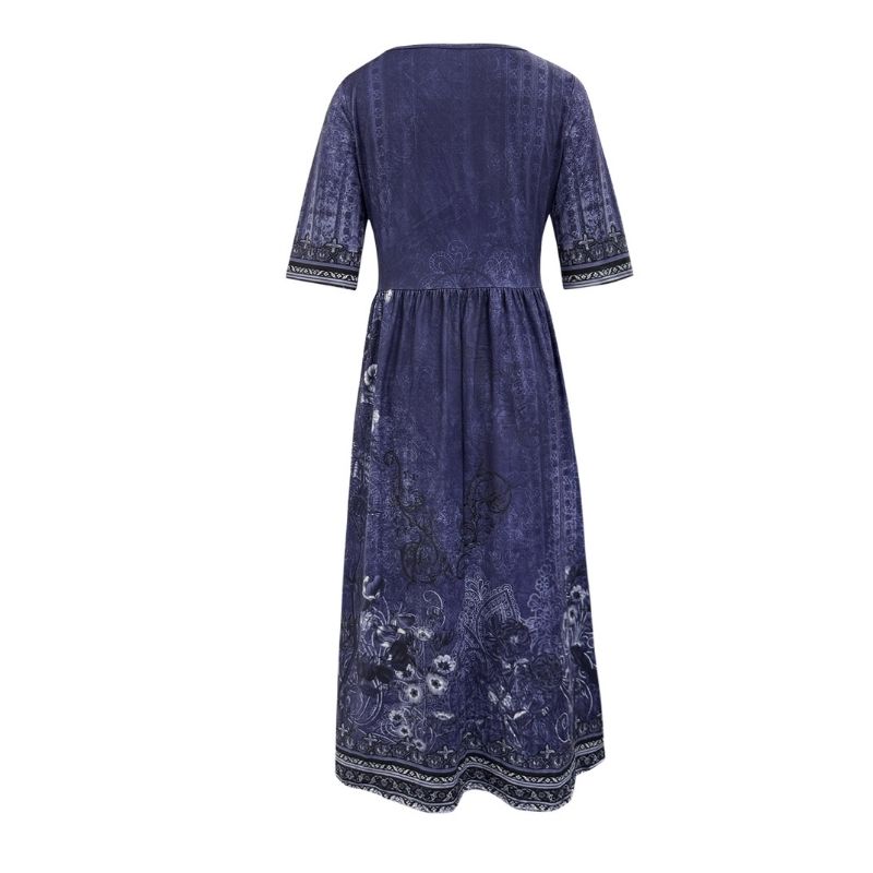 Women's Spring Autumn Floral Print Half - Sleeve Midi Dress - Elegant Vacation Milk Silk Dress-CF50887