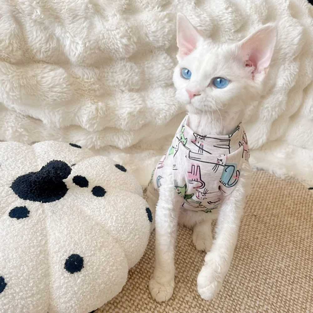 Cartoon Cat Printing Cotton Vest for Sphinx Cat in Summer Short Sleeves Tshirt for Devon Rex Light Grey Thin Coat for Devon Rex C251009
