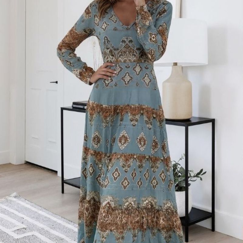 Women's Autumn New Small Floral Print Midi Dress - Versatile Casual Commute & Vacation Dress-CF41302