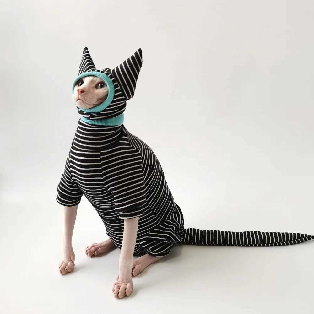 Four Legged Striped Shirt Hat Tail Cover Suit for Sphynx Cat Spring Black Sweatshirt for Kittens Hairless Warm Autumn Costumes C251009