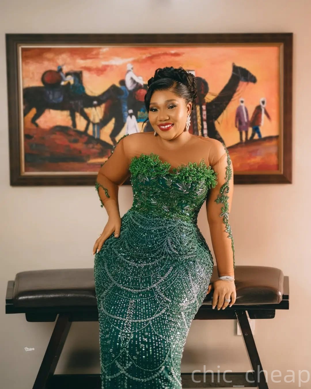 Sheath Dark Green Prom Dresses 2025 Florals Beaded Sheer Neck Sequined Evening Formal Party Second Birthday Engagement Gowns Plus Size Dress For Speci