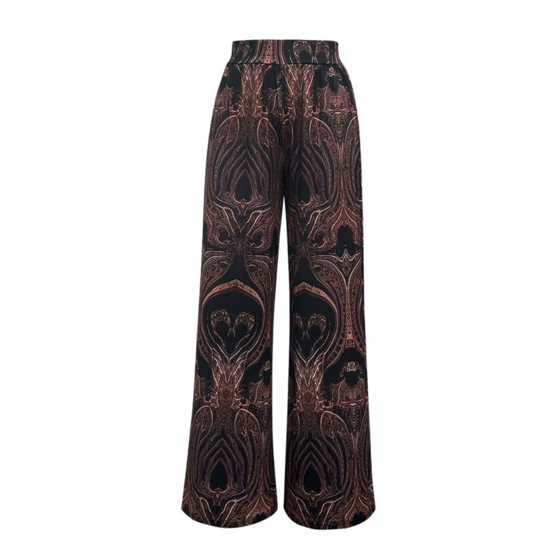 Women's Autumn Winter Ethnic Floral Print Wide - Leg Pants - Loose Elastic Waist Casual Trousers-CF55028