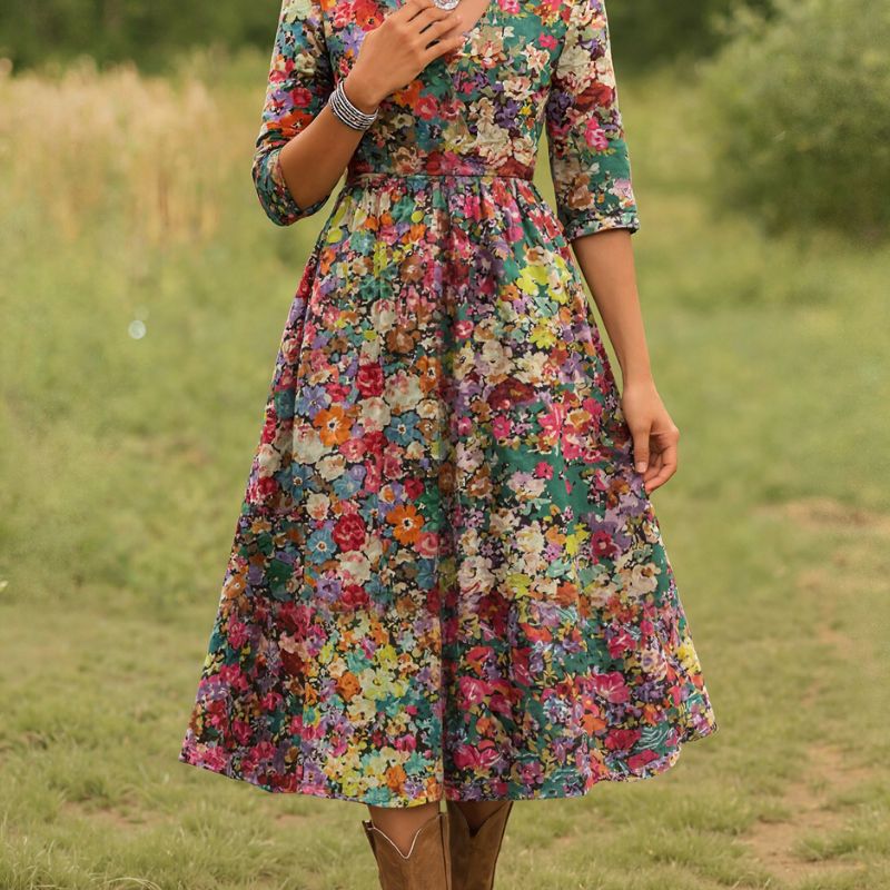 Women's Autumn Winter Fashion Floral Print Long Sleeve Dress - Elegant Versatile Waist - cinching V - Neck Midi Dress-CF51172