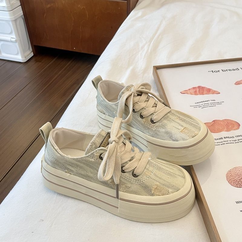 Free shipping Multi-Color Distressed Denim Platform Sneakers with Lace-Up Design Fashion Retro Stylish Versatile Casual Shoes