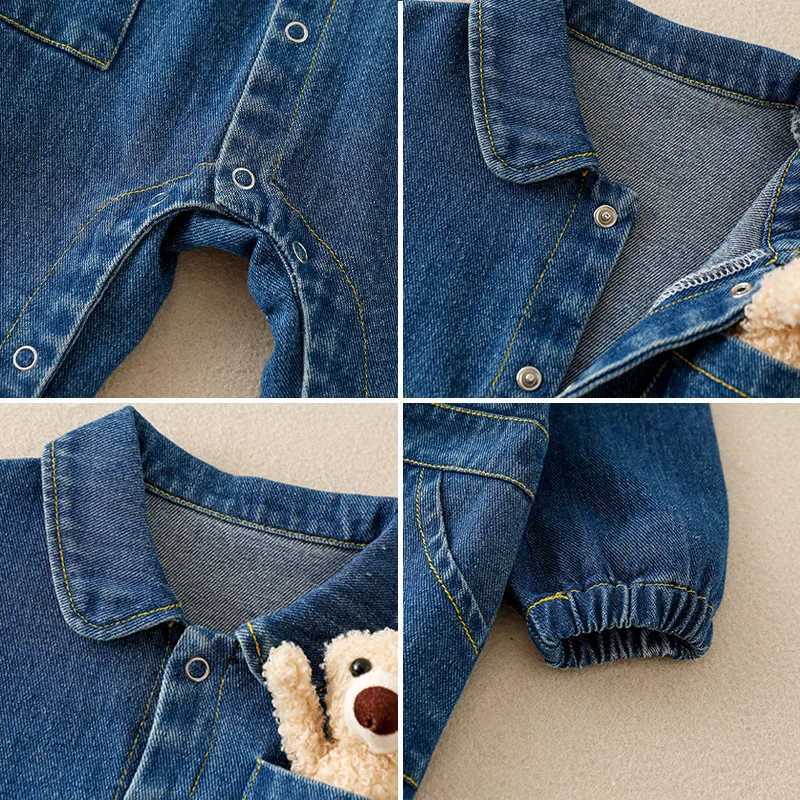 Spring Denim Baby Jumpsuit Cartoon Pocket Bear Romper for Boys Girls Newborn Overalls Korean Style Onesie Autumn Kids Clothing C251009
