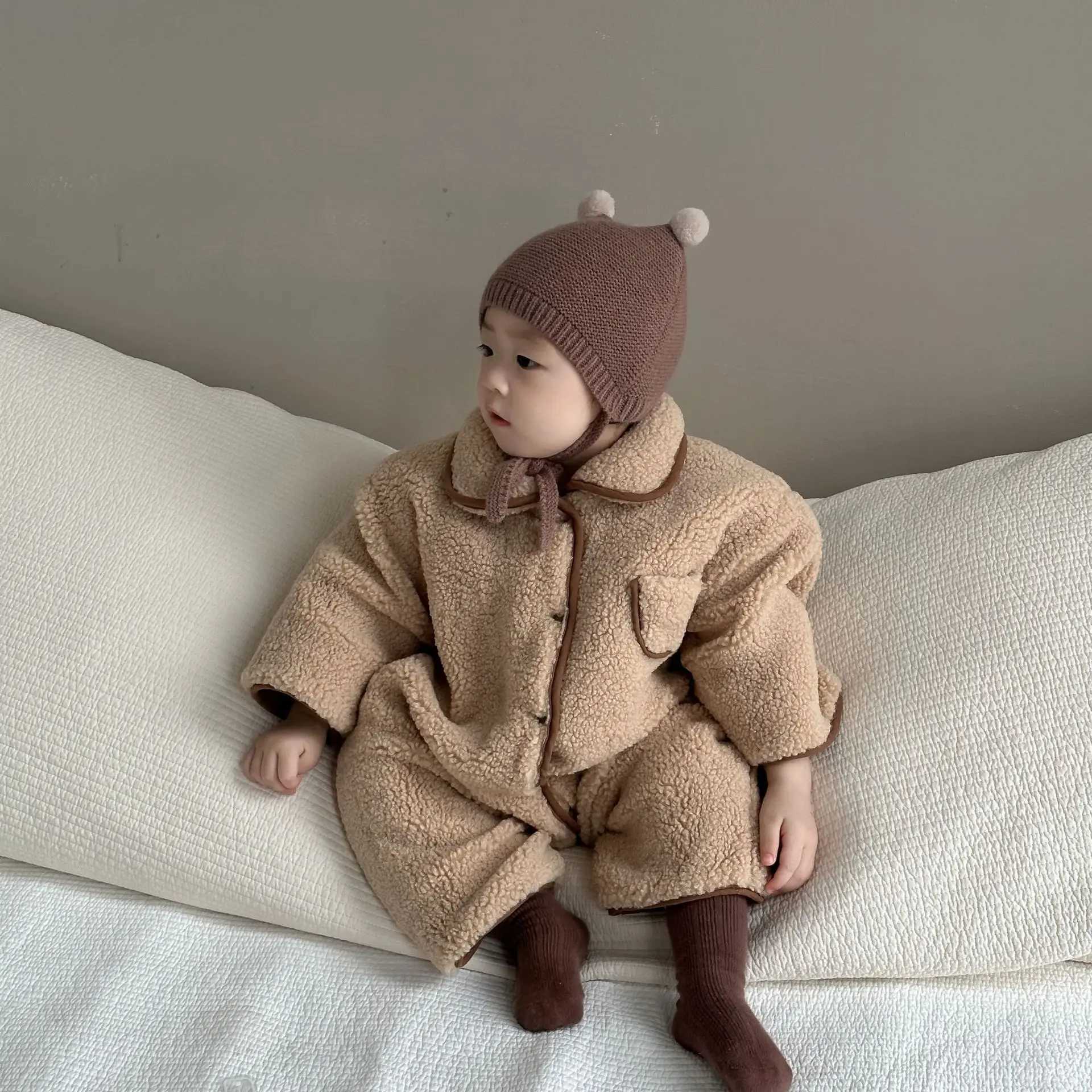 Autumn Winter Toddler Retro Cardigan Plus Velvet Lapel Romper Girl Baby Cotton Thicken Warm Onepiece Boy Infant Fleece Jumpsuit C251009