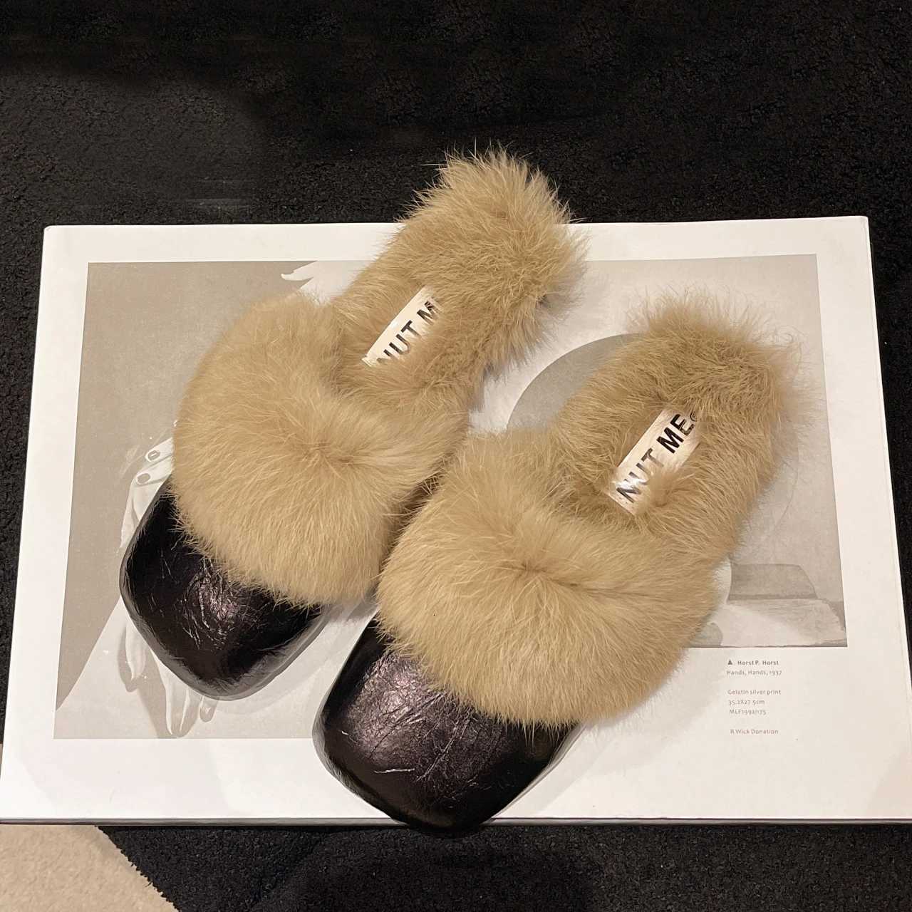 new designer sier leather winter slippers wen square toe fur slides shoes flat heel plush padded warm mes pantuflas mujer Y251009