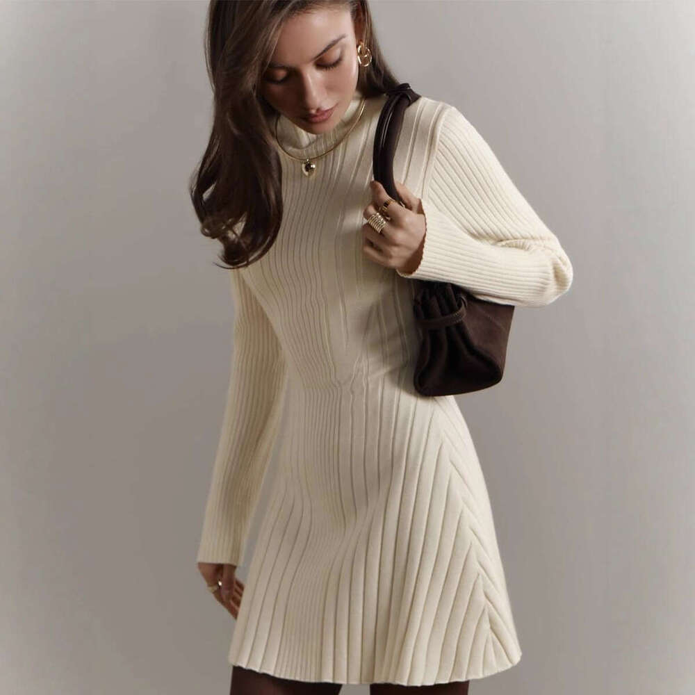 Long Sleeve Half Turtleneck Dress Knitted Spring Temperament Playful A-Line Short Skirt B5