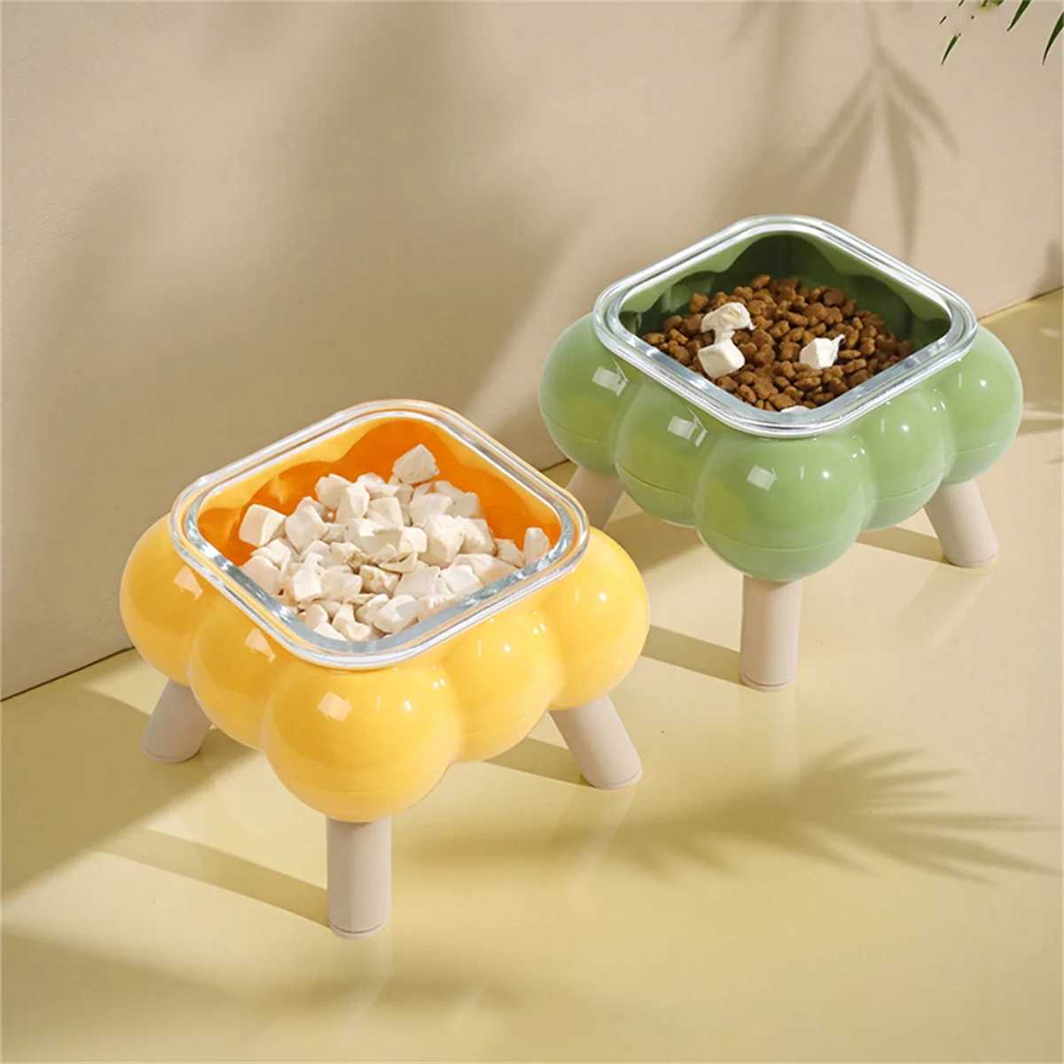 1 PCS New cat eating tall bowl bubble glass fourlegged highleg cat bowl easy to clean pet highlegged neck bowl C251009