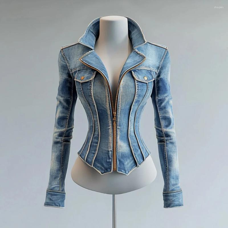 Women's Jackets Elegant Slim Imitation Denim Suit Jacket Zipper Lapel Long Sleeve High Street Fashion Outerwear Female Streetwear Casual