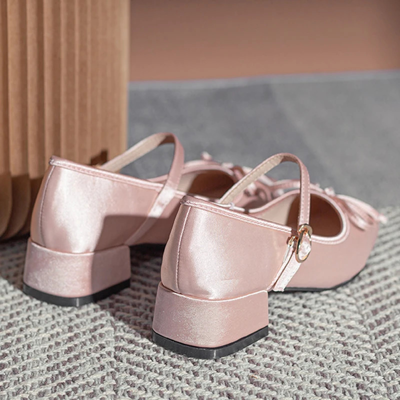 Med High Heels Bowtie Ballerina Woman Silk Buckle Strap Pumps Pink Dance Ball Party Shoes Brides Wedding Mary Janes Traf Tacones 251009