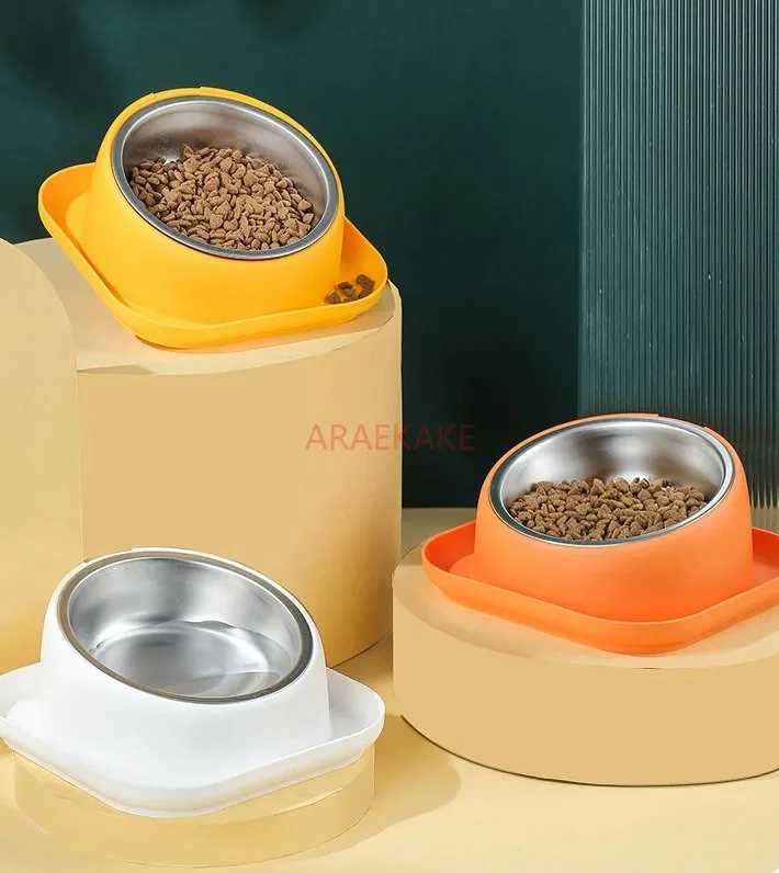 1pcs Slanted mouth cat bowl dog food bowl anti knock stainless steel bowl water drinking integrated rice bowl C251009