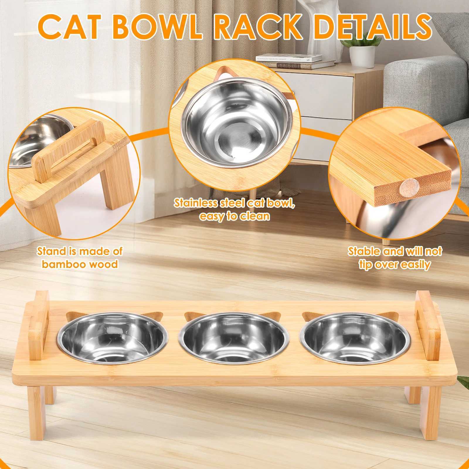 Stainless Steel Elevated Cat feeder Bowl Stand with 3 Dishes Feeder for Dry Wet Food Water AntiSlip Double Handl Cat accessories C251009