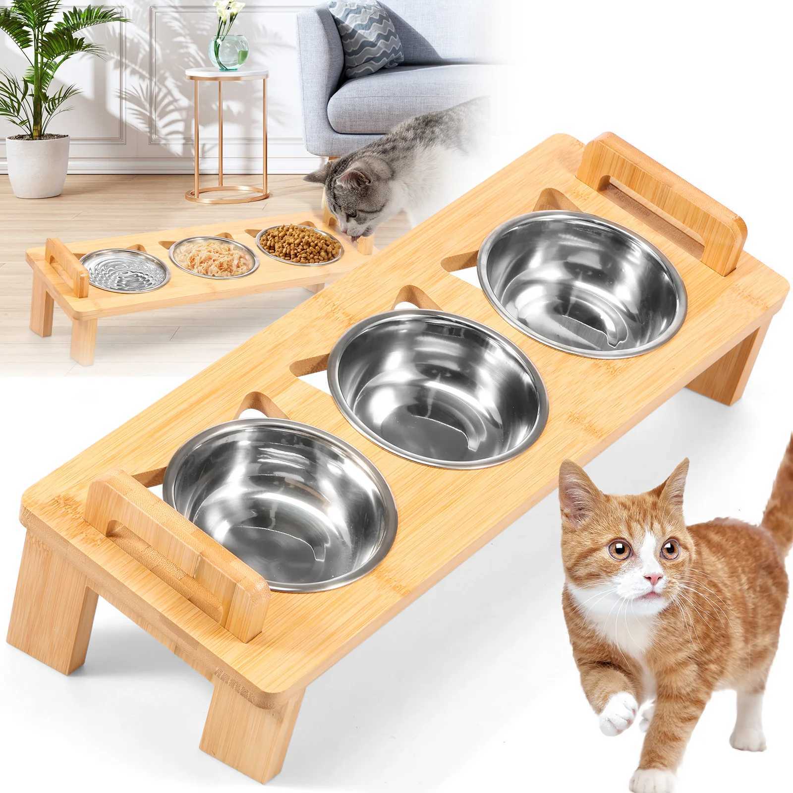 Stainless Steel Elevated Cat feeder Bowl Stand with 3 Dishes Feeder for Dry Wet Food Water AntiSlip Double Handl Cat accessories C251009