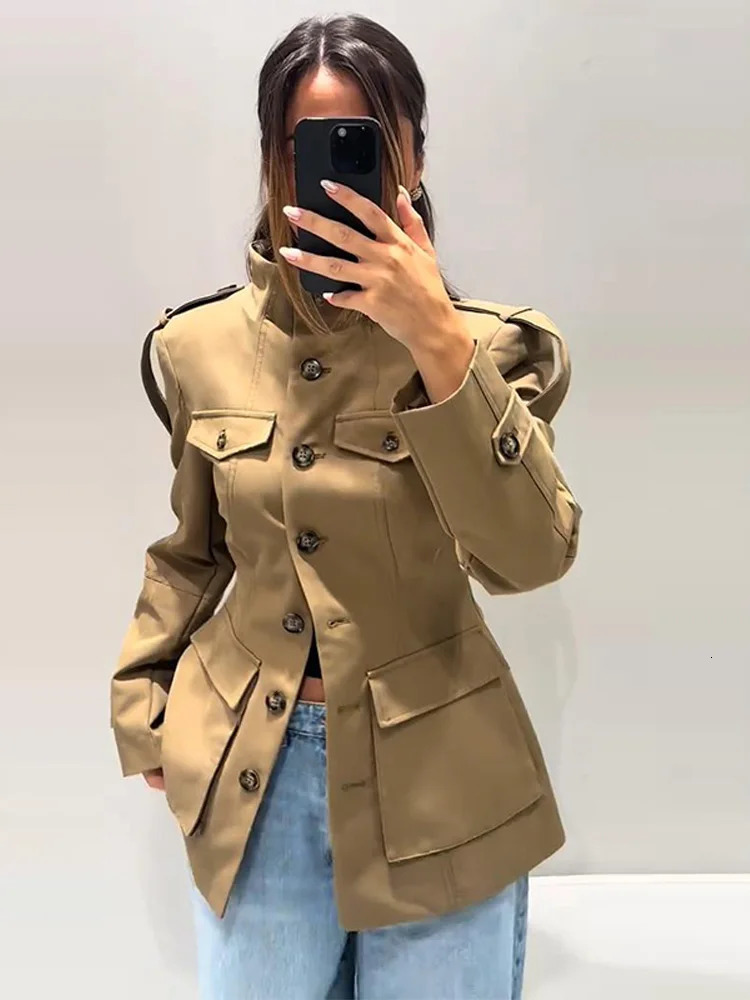 Stand Collar Khaki Cropped Trench Coat Jacket With Pockets Womens Spring Fall Button Front Slim Fit High Street Lady Outerwear251009