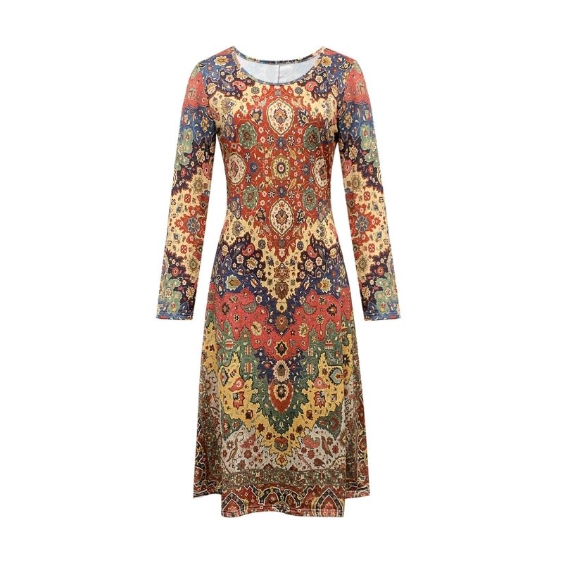 Women's Autumn Winter New Ethnic Printed Midi Dress - Versatile Commute & Vacation Dress-CF56331