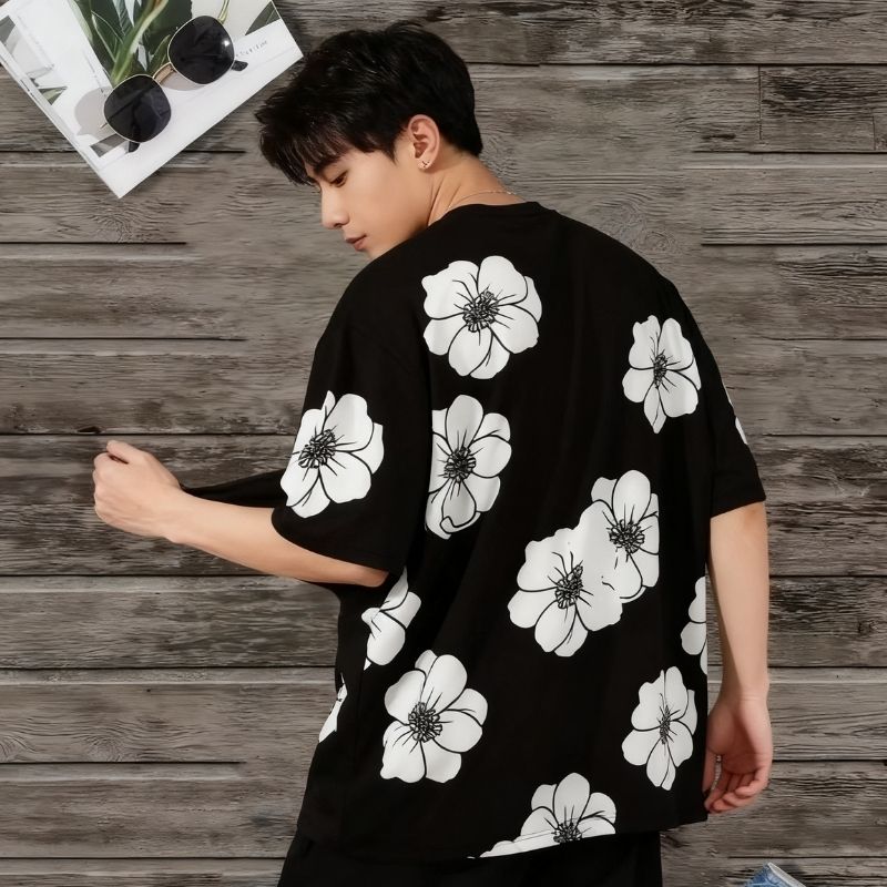 Men's Floral Print Oversized T-Shirt - Casual Streetwear Tee-39