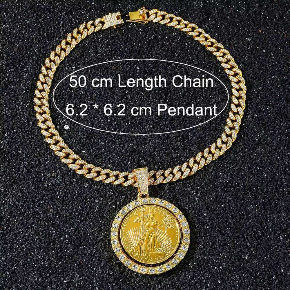 2025 New Gold and Sier Metallic Cuban Chain Hip Hop Alloy with Rhinestone Rotating Statue of Liberty Pendant Necklace