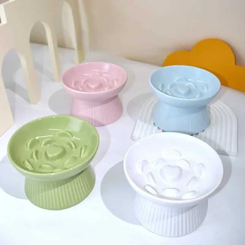 Cat Food Bowl Ceramic Elevated Cats Small Dogs Slow Feed Bowls Antichoking Pet Eating Feeders Antigulping Puppy Supplies C251009