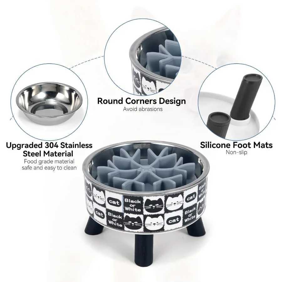 2PCS Elevated Cat Bowls with Slow Feeder Wide Raised Stainless Steel Cat Dishes Plastic Stand Silicone Slow Food Dispenser Whis C251009