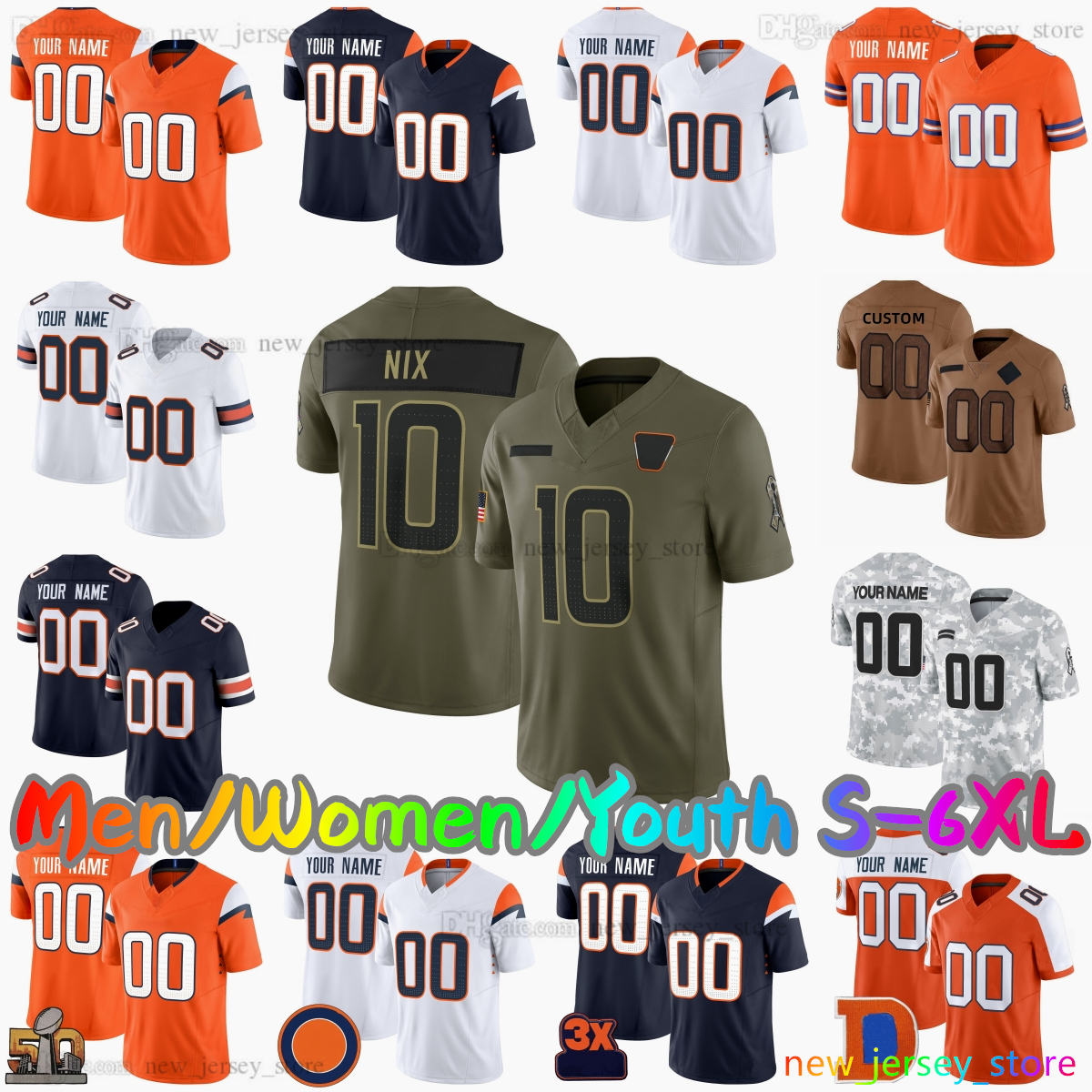 2025 Custom S-6XL DIY 10 Bo Nix Football Jersey 2 Patrick Surtain II 77 Quinn Meinerz 15 Nik Bonitto 14 Courtland Sutton 19 Marvin Mims Jr. 9 Hufanga Allen Stitched Jerseys