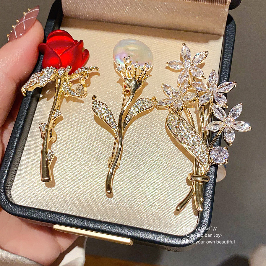 Gold Toned Brooch With Rhinestone - Encrusted Floral Leaf Design Delicate Daily & Elegant Jewelry Gift For Her Exquisite And Luxe Accessory