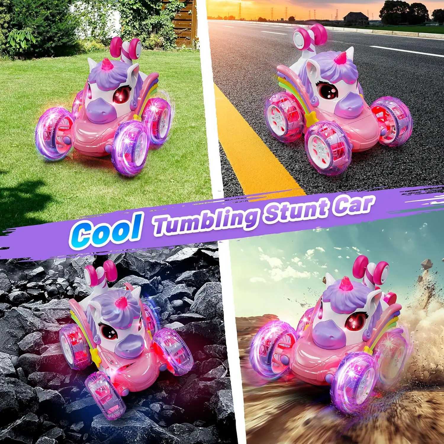 24G lighting unicorn remote control stunt dump truck chase light twist change car drift dancing toy car childrens new year biT251010