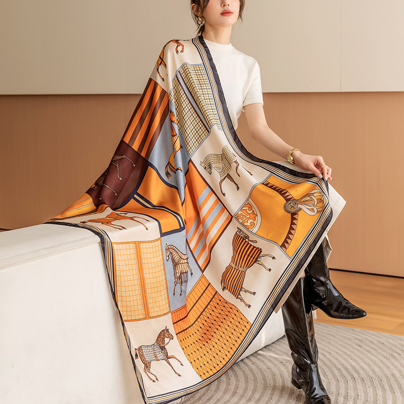 Xiaoxiang Spring Autumn High-end Scarf Imitation Silk Black and White 110cm Large Square Li Brocade Polyester Camellia Sunscreen for Women