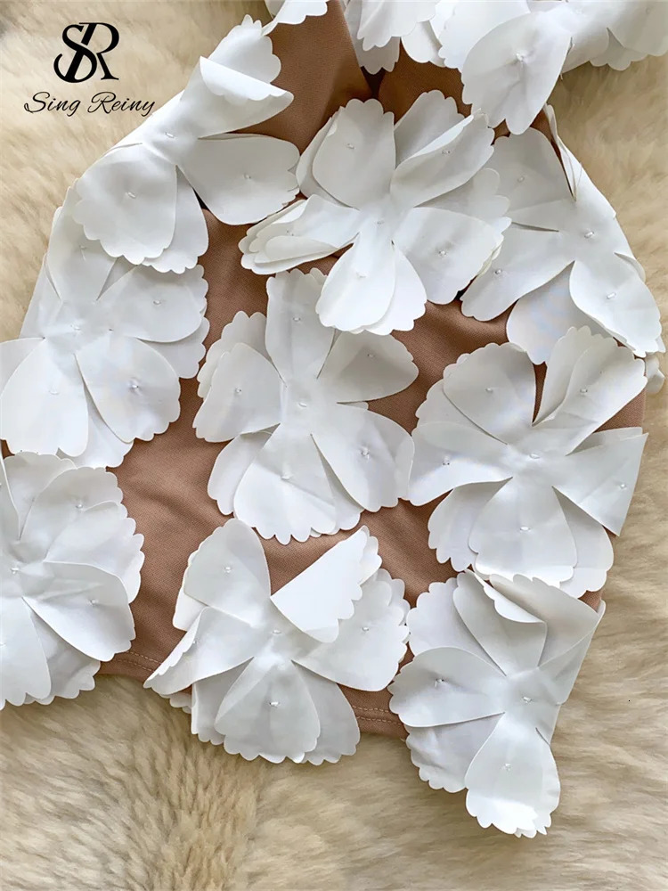 SINGREINY High Quality 3D Floral Dress Female Halter Sleeveless Backless sweet Dress French Short Cocktail Sundress 251010