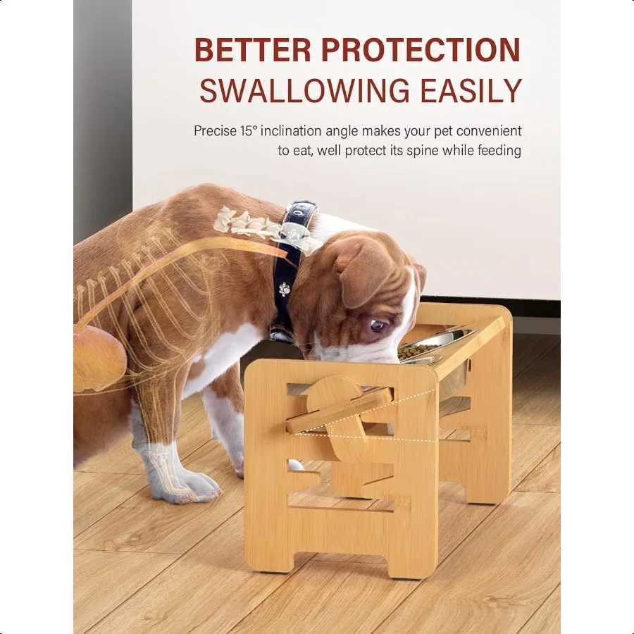 Elevated Dog Bowls Adjustable Raised Dog Bowl Stand for Small Puppy and Cats Sturdy Bamboo Pet Food Feeder with 2 Stainl Steel C251009