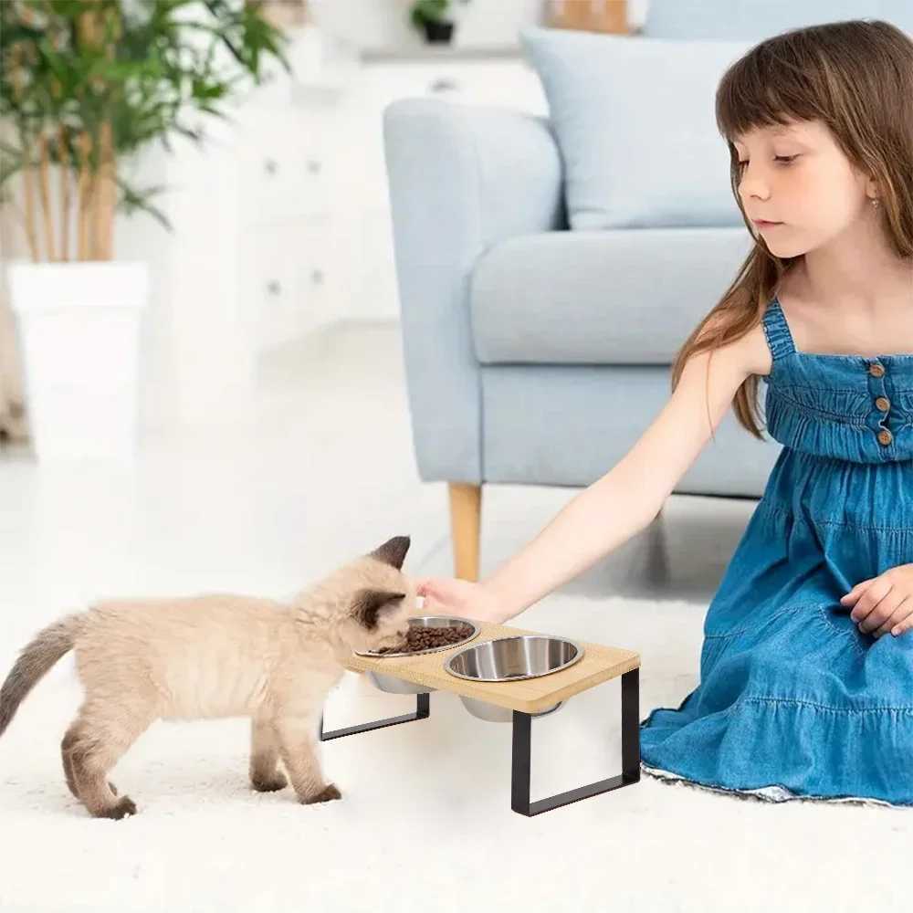 Elevated Cat Bowls 15 Tilted Raised Cat Food Bowls with Wooden Stand Anti Vomiting 2 Stainless Steel Bowls for Cats and Puppy C251009