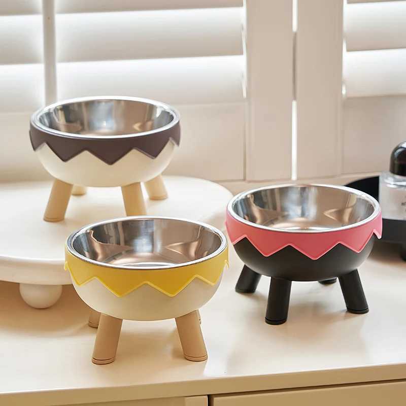 A colorful dopamine pet bowl Fashion feeding large capacity stainless steel dog bowl drinking water neck cat bowl egg shell high C251009