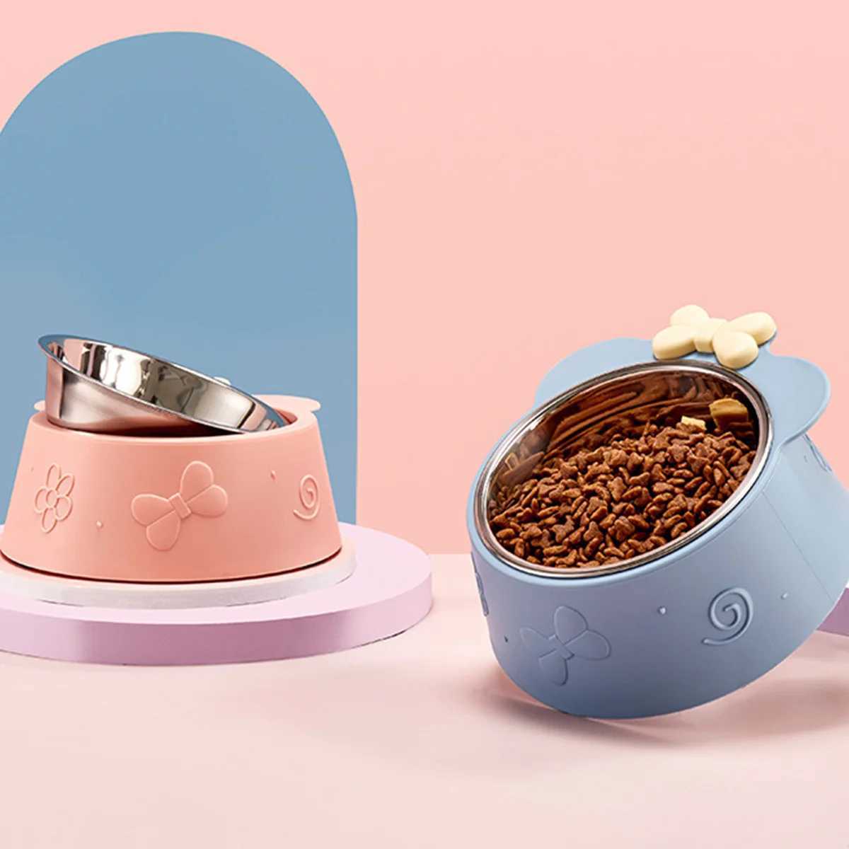 A pet bowl pet stainless steel feeding bowl cat bowl feeding bowl bottom nonslip design cartoon bow style dog bowl pet bowl C251009