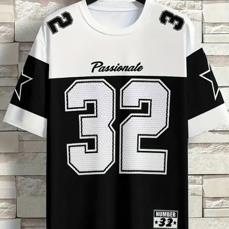 Men's Sports-Inspired "Passionate 32" Number & Star Graphic Color Block T-Shirt-40