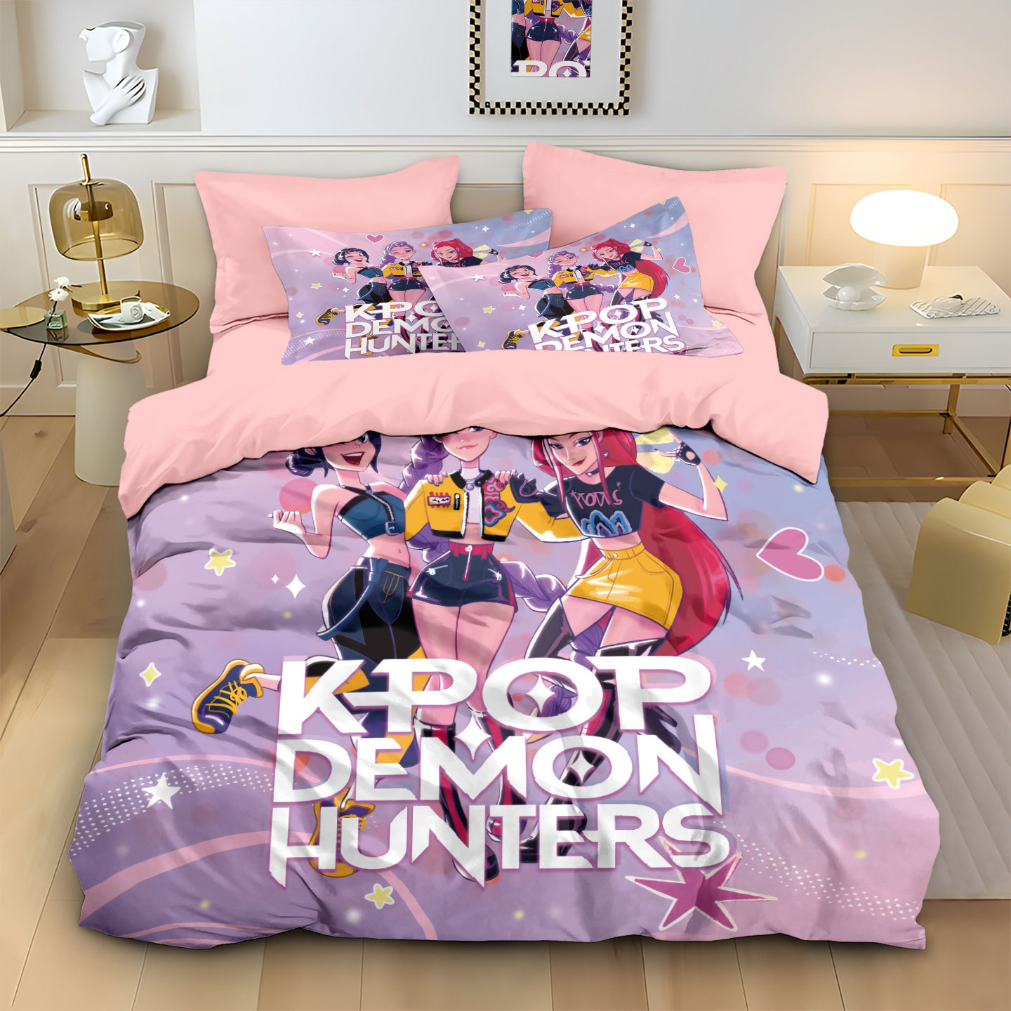 Kpop Demon Hunters Bedding Pillowcase and duvet cover 3pcs set Hunters Themed Colorful Print Single Twin Full Queen King Size Bed Set Adult Kids Beddi