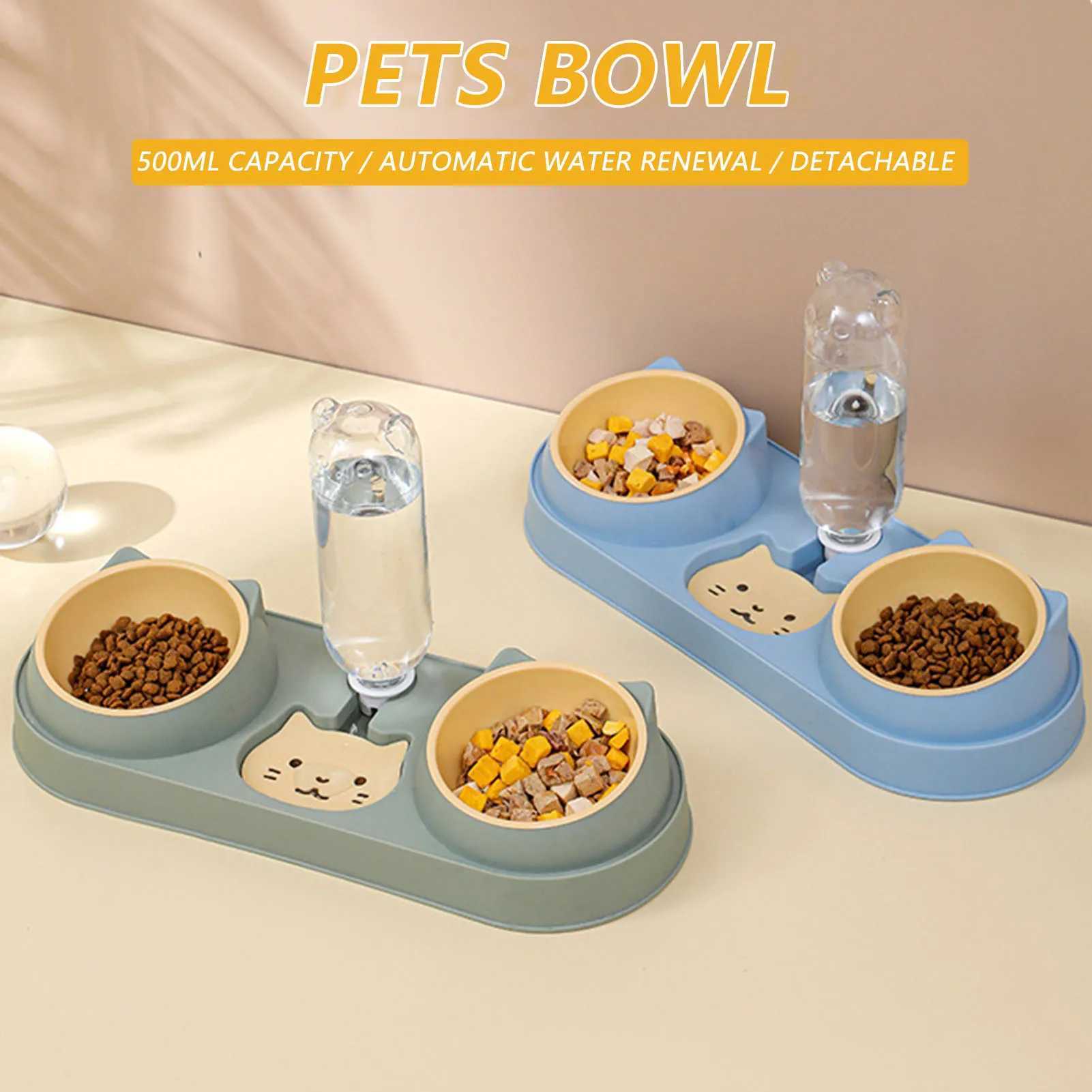 Pet Cat Bowl Automatic Feeder Dog Food Bowl With Water Fountain Double Bowl Drinking Raised Stand Dish Bowls For Cats C251009