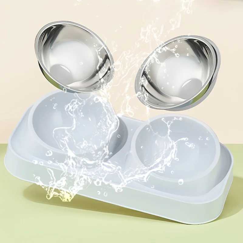 PlasticStainless Steel Foldable Cat Feeder NonSlip Pet Double Bowl With Stand Raised Cat Drinking Bowl Cat Accessories C251009