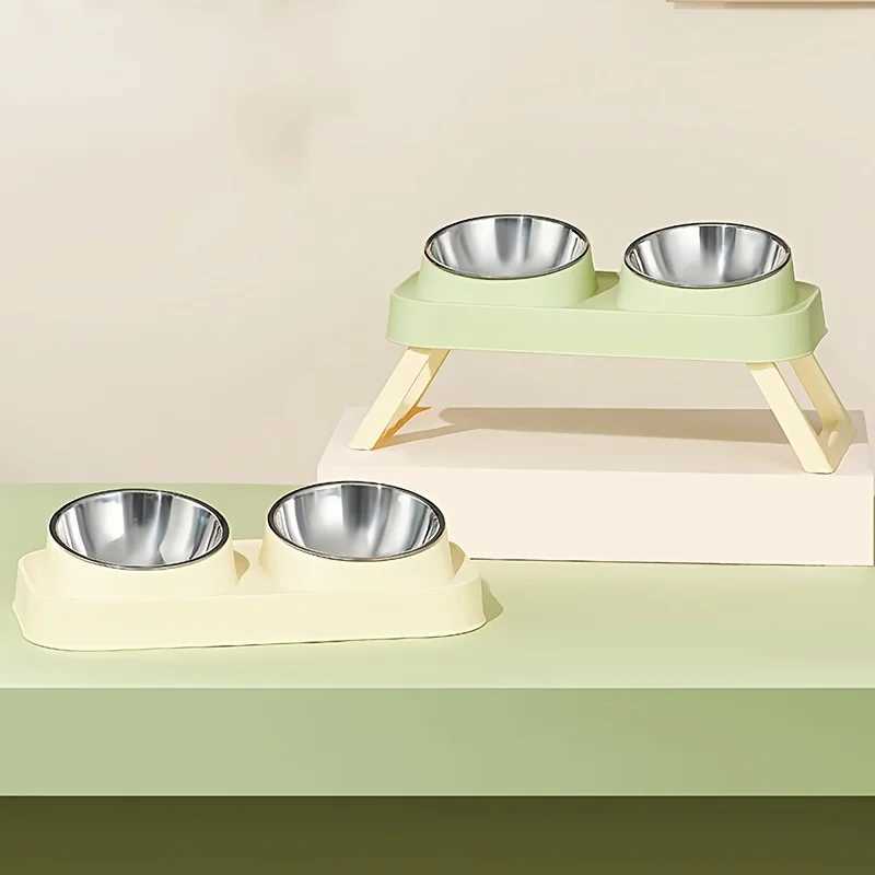 PlasticStainless Steel Foldable Cat Feeder NonSlip Pet Double Bowl With Stand Raised Cat Drinking Bowl Cat Accessories C251009